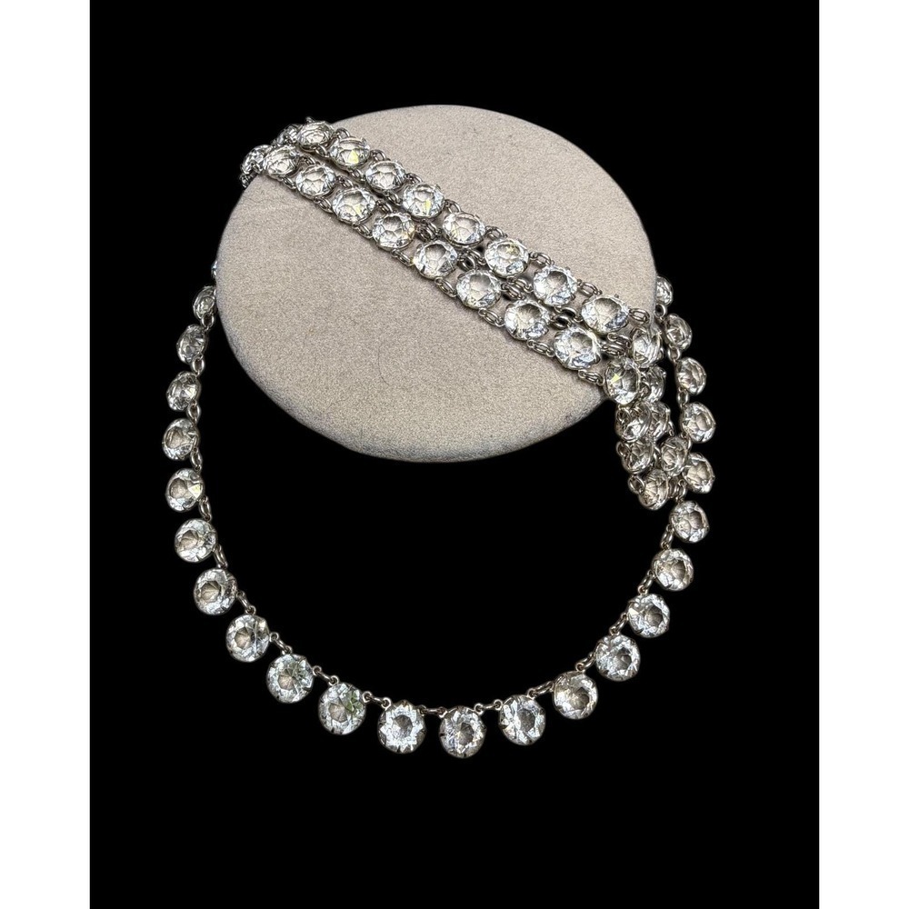 Vintage Sterling Silver Open Back Crystal Necklace & Bracelet Set 9mm Stones